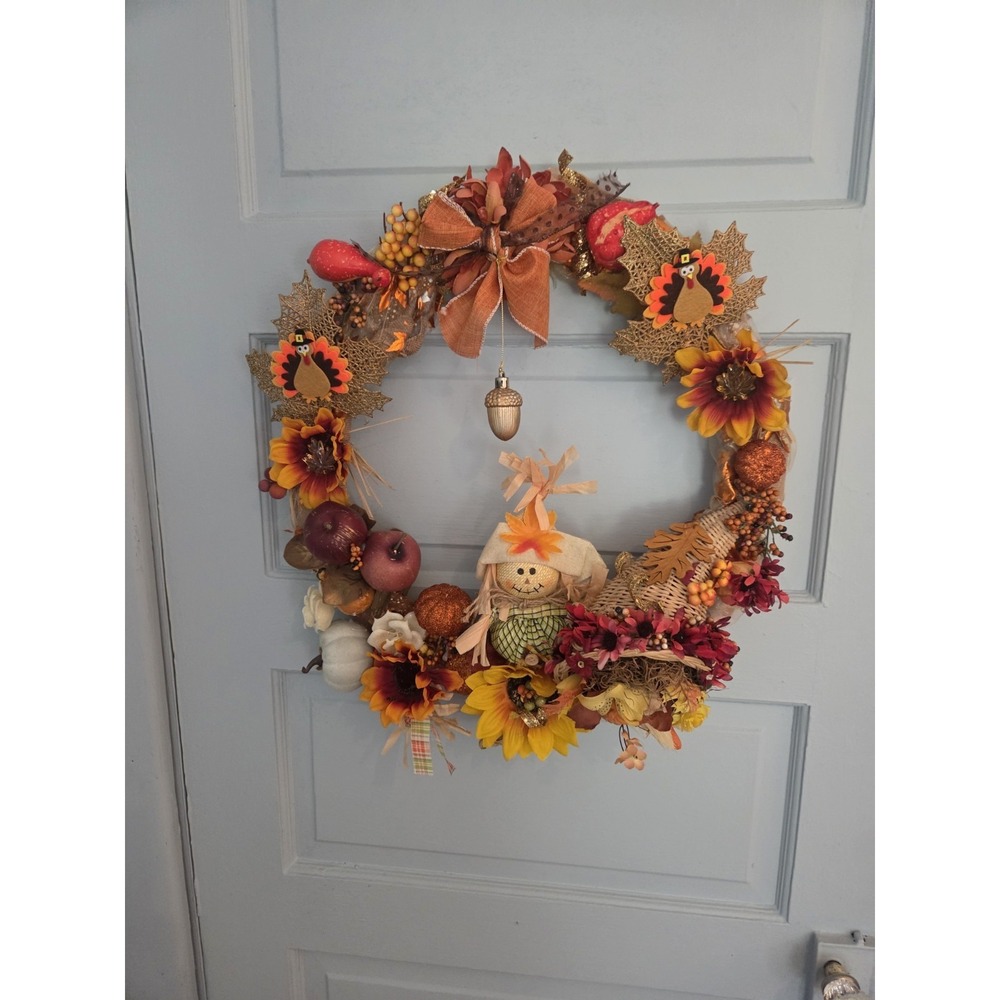 Fall/Autumn Door Window Wreath New 20 in Scarecrow Cornucopia Pumpkins Turkeys +